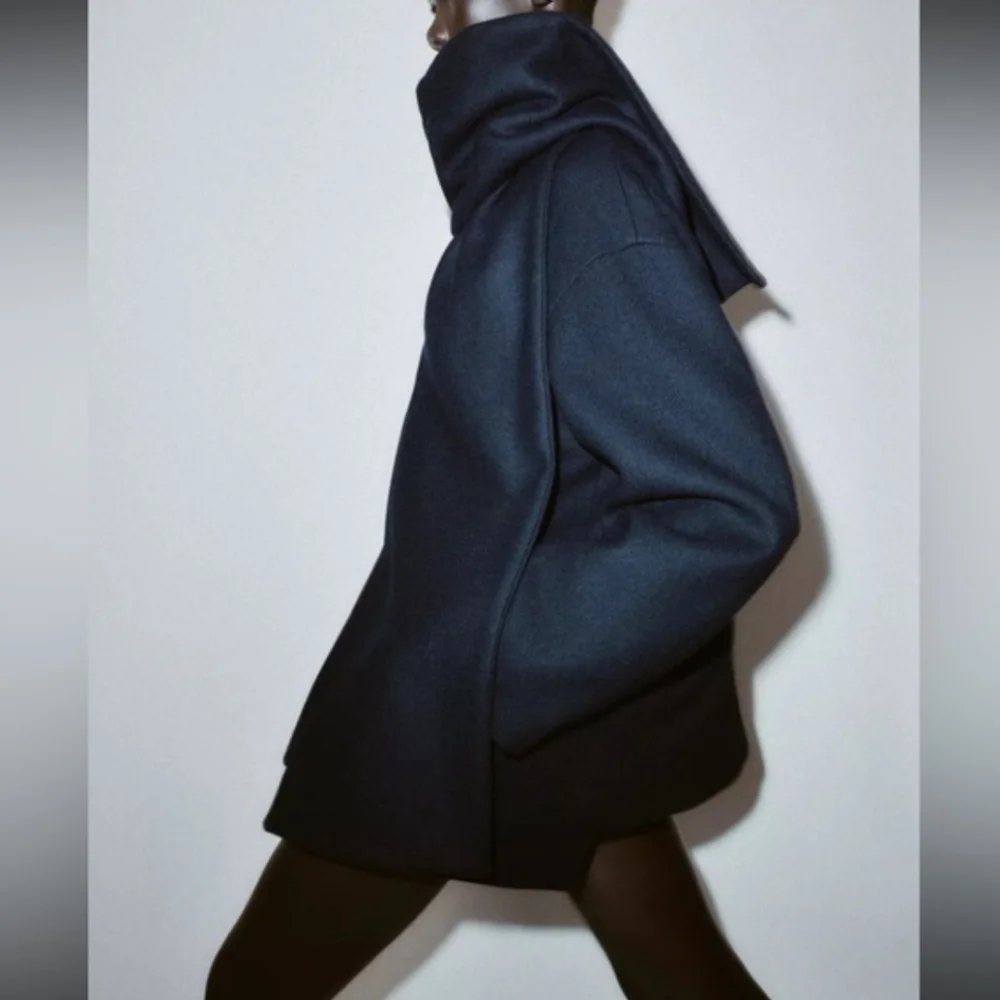 ZARA WOOL BLEND SHORT COAT WITH SCARF Navy Size XL